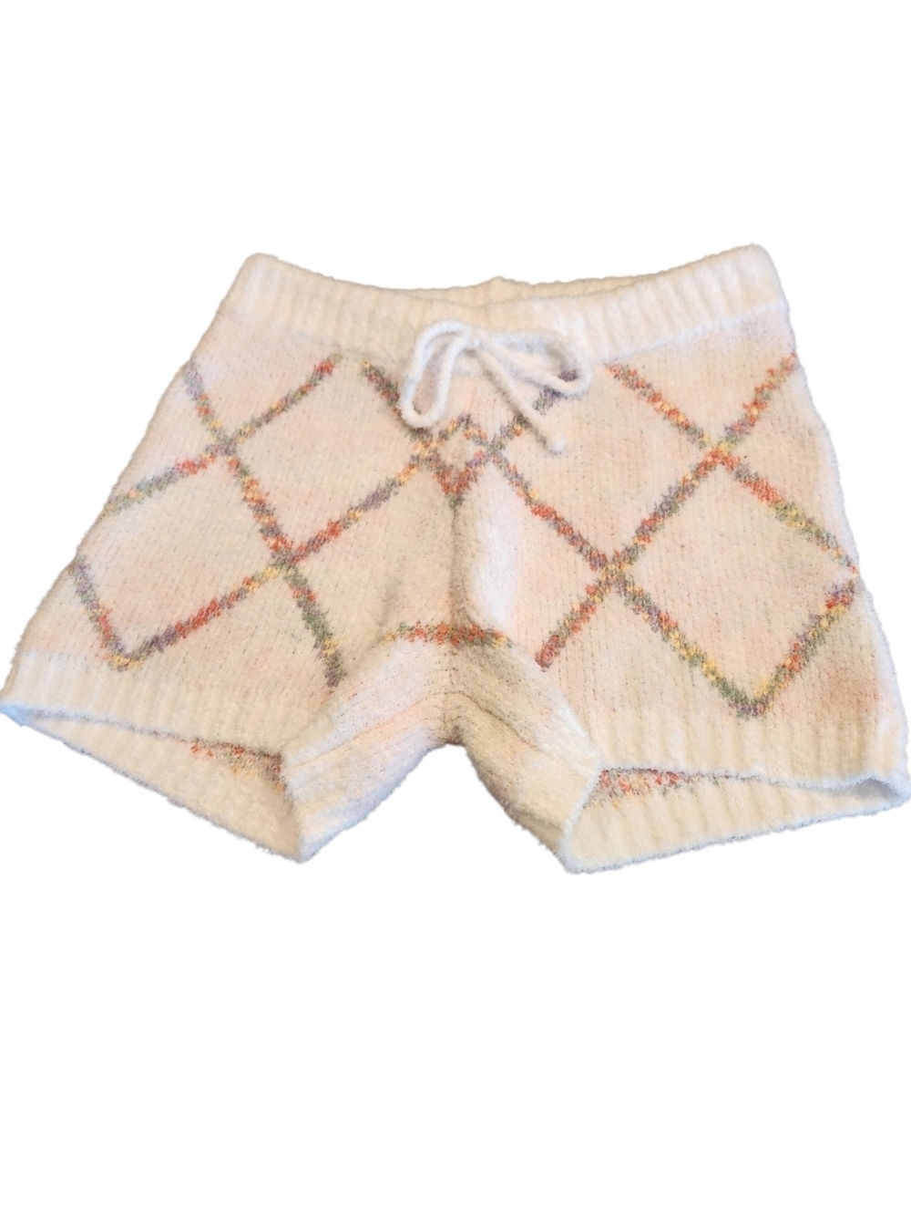 NWT Fate White Knit Pastel Diamond Pattern Drawstring Shorts Size L Ribbed Waist